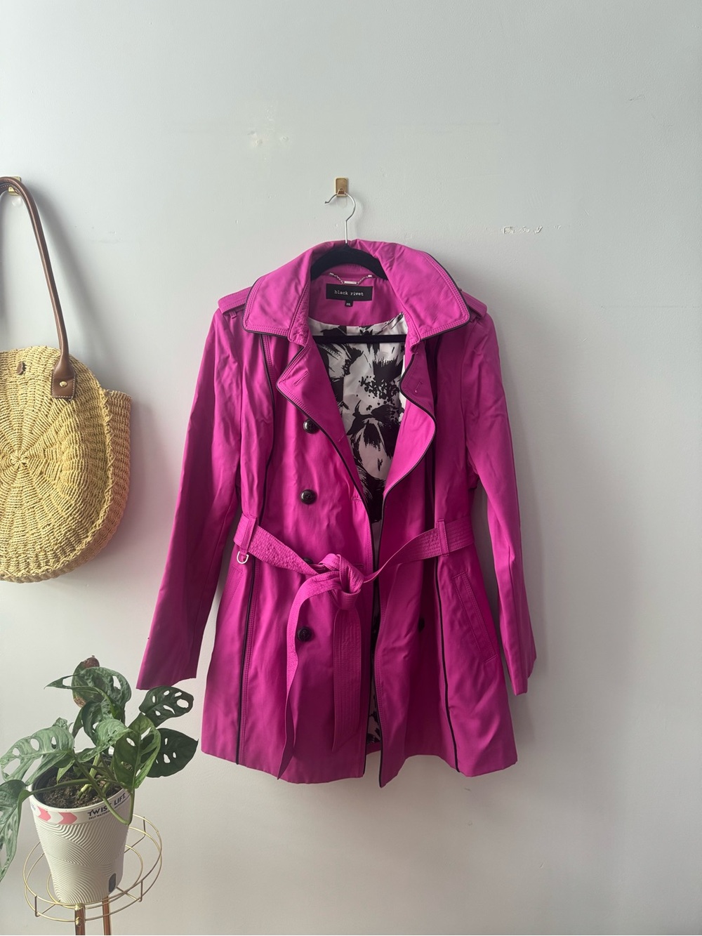 Black Rivet Bright Pink Trench Coat with Tie Belt
